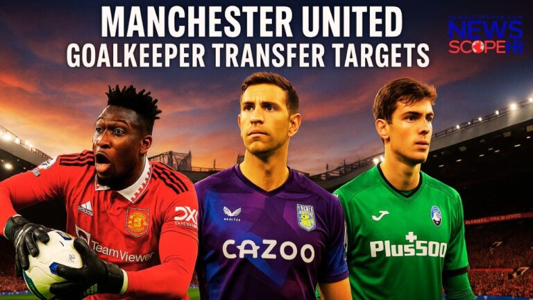 Manchester United goalkeeper transfer targets for summer 2025 featuring André Onana, Emiliano Martínez, and Marco Carnesecchi with Old Trafford background.