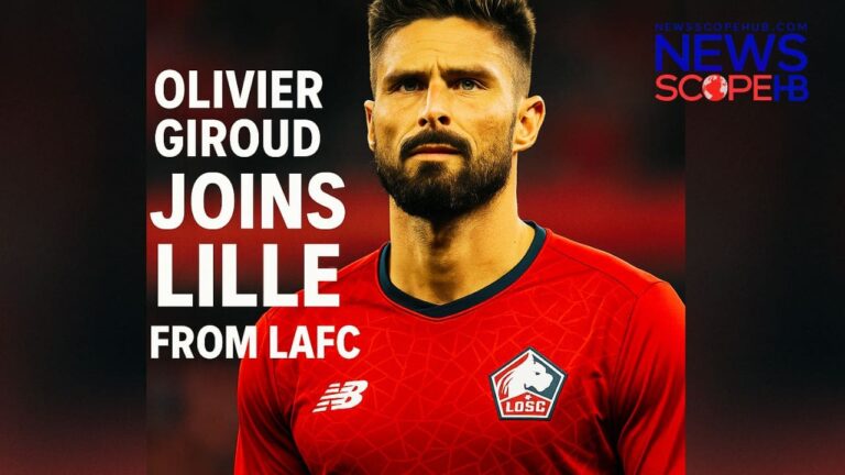 Olivier Giroud wearing a red Lille OSC jersey, looking forward, with text