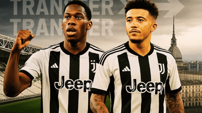 Juventus executives with profiles of Jonathan David and Jadon Sancho