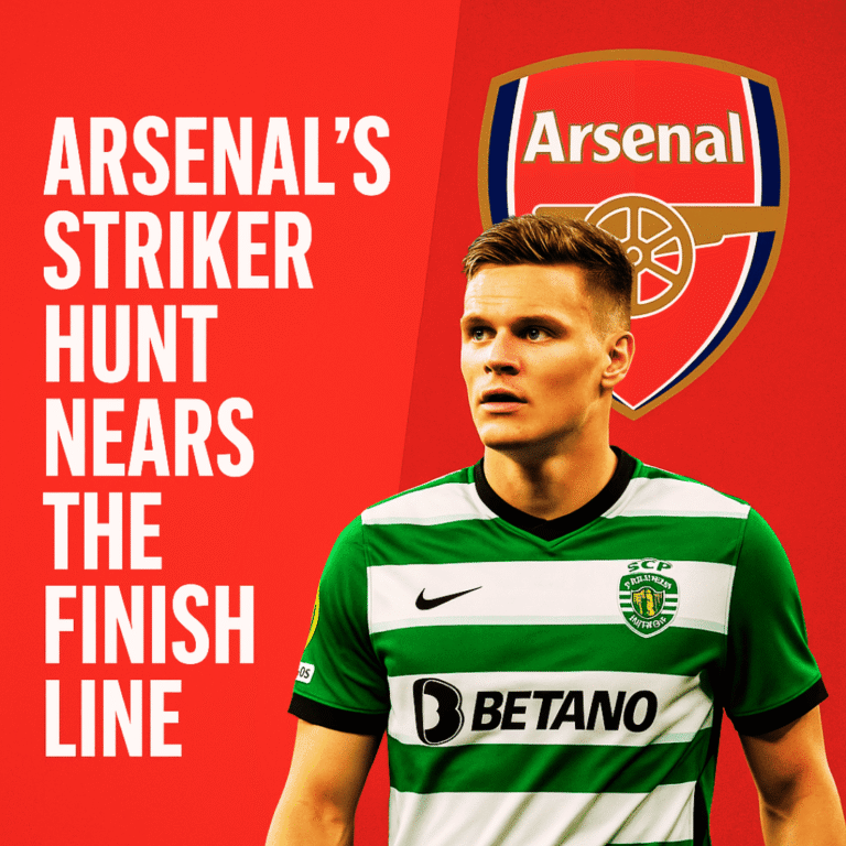 Viktor Gyökeres in Sporting Lisbon kit with Arsenal logo – Arsenal striker transfer news